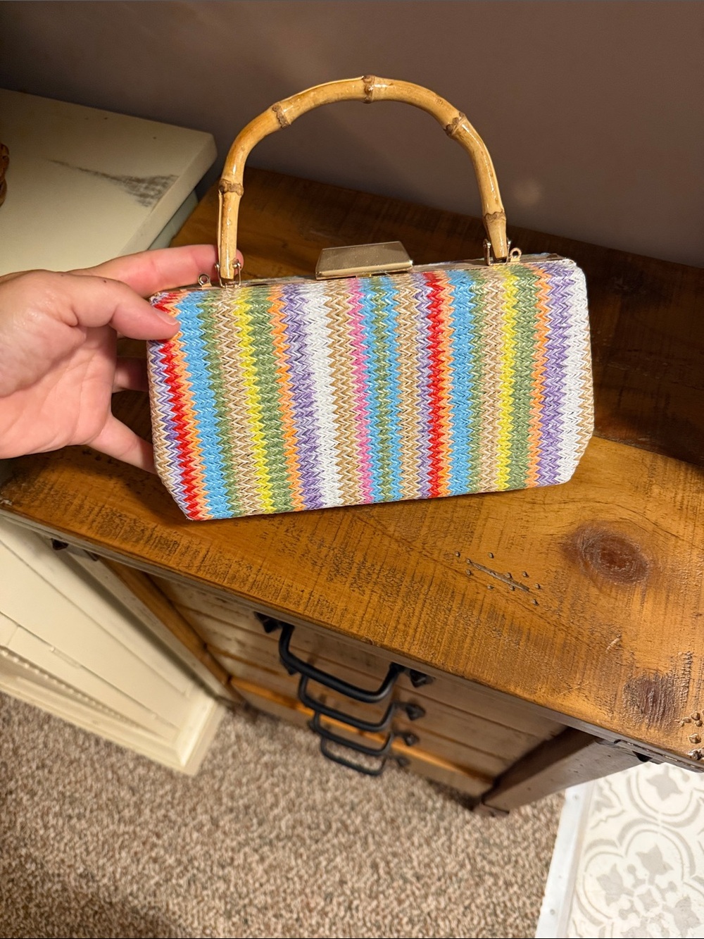 Woven Rainbow Straw Top-Handle clutch